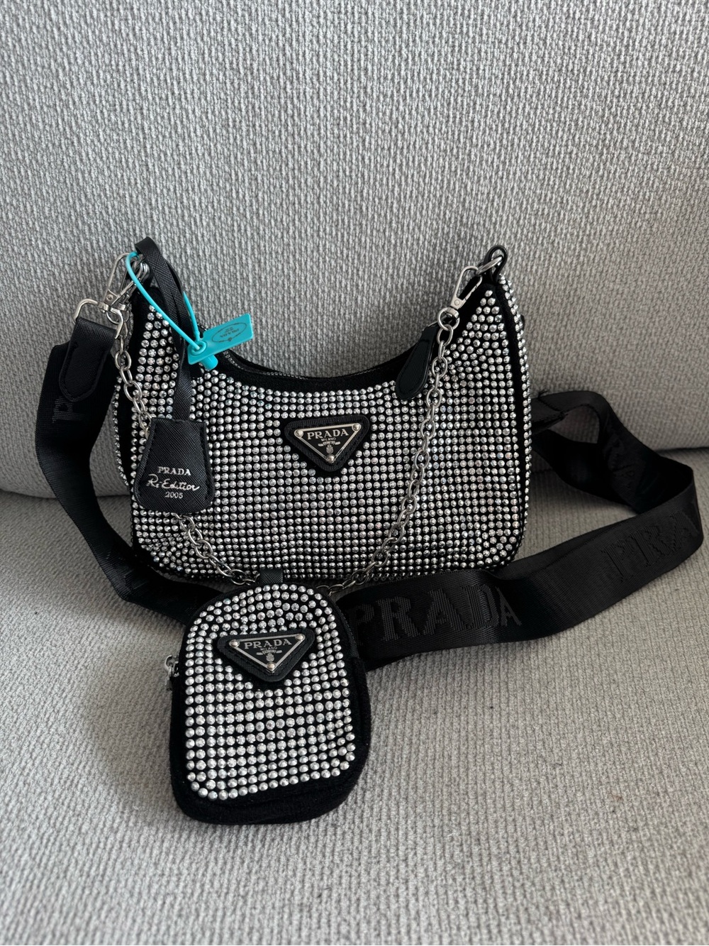 Prada Black Shoulder Bag with Silver Crystal Detailing and Detachable Mini Pouch